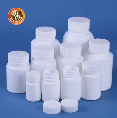 زجاجة حبة بلاستيكية بيضاء مستديرة فارغة HDPE زجاجة دواء 50 مل 60 مل 100 مل 150 مل 200 مل